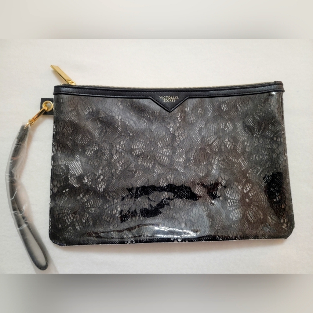 NWOT Victoria's Secret Zippered Makeup Cosmetics Purse - Black Lace Plastic